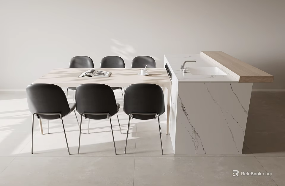 Modern Dining Set With Table Chairs And White Marble Counter Interior Design 3d model