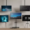 Modern TVs Wall Mounted And On Stands Displaying Scenery Digital Clock Various Screens