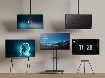 Modern TVs Wall Mounted And On Stands Displaying Scenery Digital Clock Various Screens 3d model