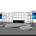 Modern Stage Setup With Blue Lighting Large Screens Platforms And Tech Elements