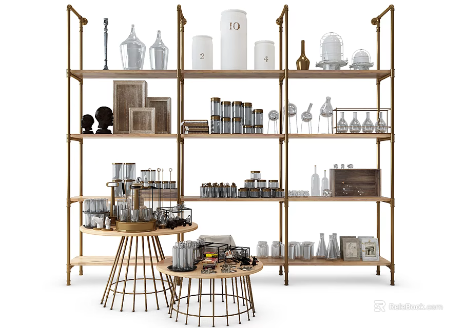 Modern Multi tiered Display Shelves With Glass Bottles Decorative Jars And Storage Boxes 3d model 