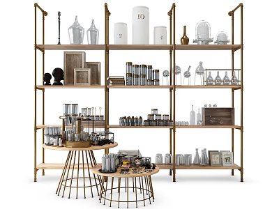 Modern Multi tiered Display Shelves With Glass Bottles Decorative Jars And Storage Boxes 3d model