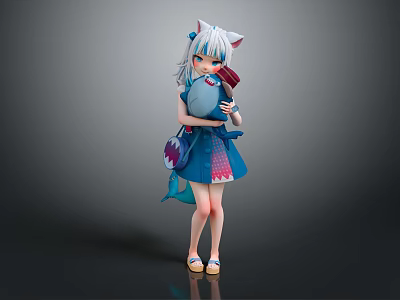 Anime Girl With Cat Ears And Fox Tail Decoration Wearing Blue Dress Holding Red Item 3d model