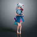 Anime Girl With Cat Ears And Fox Tail Decoration Wearing Blue Dress Holding Red Item