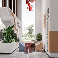 Modern Interior Space With Green Plants Geometric Furniture And Art Decor