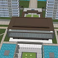 Modern Sales Office Building With Glass Curtain Wall Water Feature And Landscaped Garden