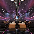 Modern KTV Room Interior With Purple Pink Lighting And Black Leather Sofas
