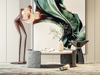 Modern Coffee Table With Marble Top Vase Green Plants And Floor Lamp In Living Room 3d model