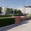 Outdoor Multifunctional Sports Area With Tennis Court Table Tennis Tables Fitness Equipment And Green Hedges