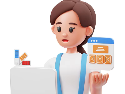 Woman Creating Digital Design with Color Swatches and Web Interface Elements on Drawing Board 3d model