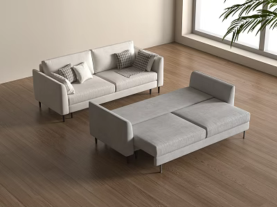 Modern Light Gray Fabric Sleeper Sofa With Metal Legs In Bright Living Room 3d model