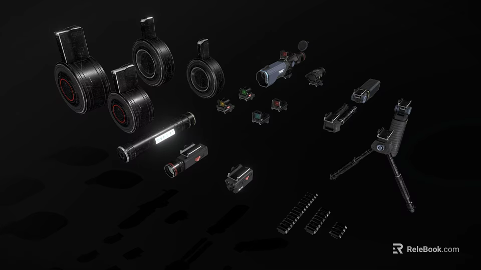 Modern Weapon Components With Scope Barrel Magazine Bipod And Mounting Parts 3d model 