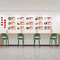 Book Art Exhibition with Wall Posters Wooden Bar Counter Green Stools and Potted Plants