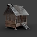 Simple Rustic Wooden Hut With Worn Corrugated Iron Roof And Wooden Staircase