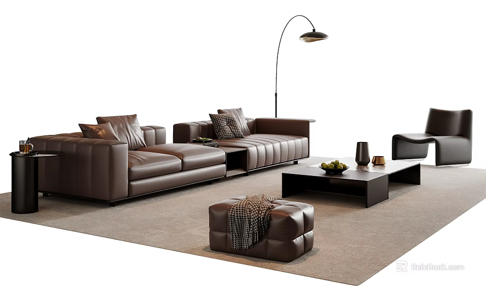 Modern Brown Leather Sofa and Coffee Table Set with Floor Lamp Ottoman and Decorative Items 3d model 