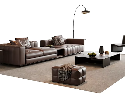 Modern Brown Leather Sofa and Coffee Table Set with Floor Lamp Ottoman and Decorative Items 3d model