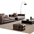 Modern Brown Leather Sofa and Coffee Table Set with Floor Lamp Ottoman and Decorative Items