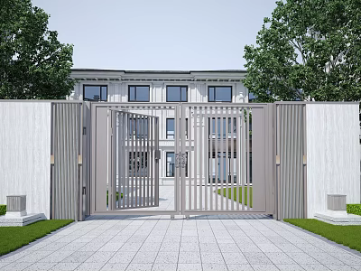Modern Entrance Gate With White Walls Green Trees Stone Pavement and Modern Building 3d model