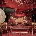 Elegant Banquet Hall With Red Decorations Flower Arrangements Golden Chairs And Butterfly Chandeliers