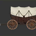 Vintage Covered Wagon With White Canvas Cover Wooden Frame And Orange Wheels