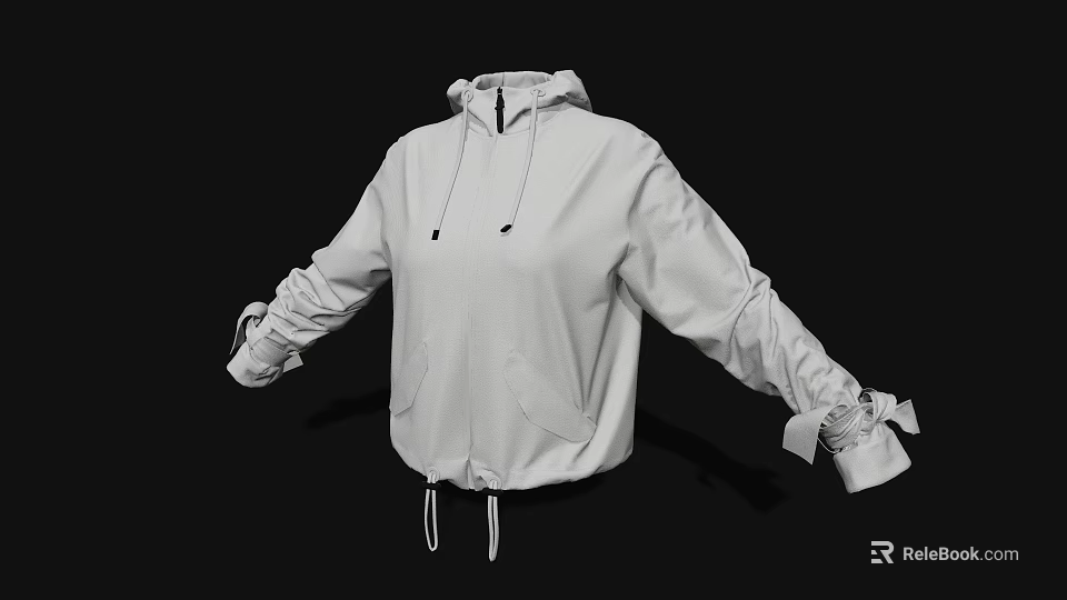 White Hooded Jacket With Drawstring And Strap Details On Sleeves In Minimalist Style 3d model 