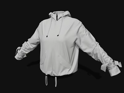 White Hooded Jacket With Drawstring And Strap Details On Sleeves In Minimalist Style 3d model