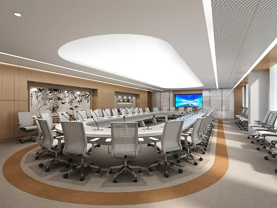 Modern Conference Room Interior With Long Table Large Screen Chairs And Round Rug 3d model