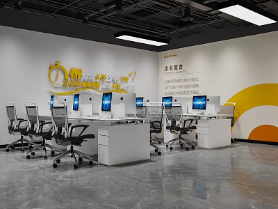 Public Office Area Interior With Desks Computers Ergonomic Chairs And Wall Logo Decor 3d model