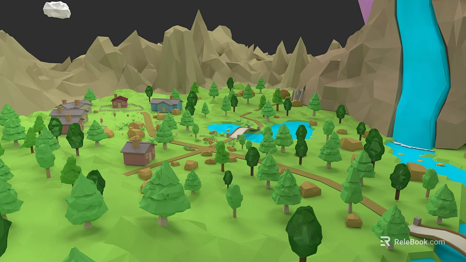 Microlandscape Scene In Low Poly Style With Mountains Green Trees Small Houses Pond And Paths 3d model 