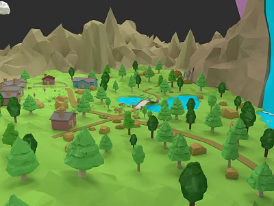 Microlandscape Scene In Low Poly Style With Mountains Green Trees Small Houses Pond And Paths 3d model