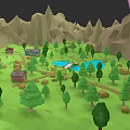 Microlandscape Scene In Low Poly Style With Mountains Green Trees Small Houses Pond And Paths