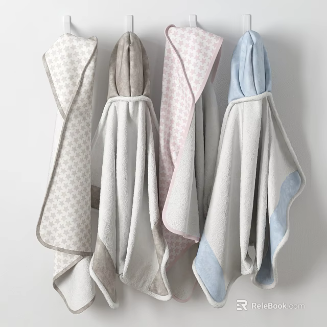 Soft Fluffy Hanging Towels In Light Gray Soft Pink And Pale Blue With Patterned Edges 3d model 