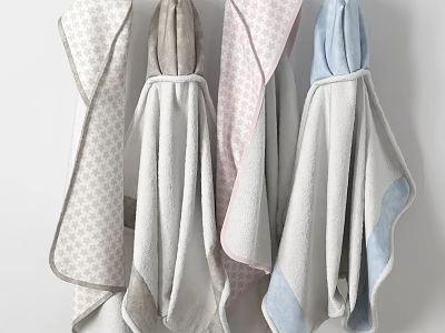 Soft Fluffy Hanging Towels In Light Gray Soft Pink And Pale Blue With Patterned Edges 3d model