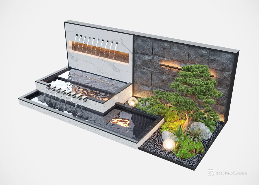 Modern Garden Feature Wall With Waterfall Pine Tree Stone Pebbles And Ambient Lighting 3d model