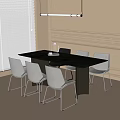 Modern Black Dining Table With Six White Chairs Light Wall Decorative Moldings And Window Blinds