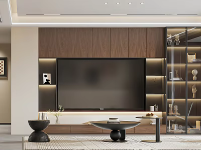 Modern Living Dining Room Interior With Wooden TV Wall LED Lighting And Glass Display Cabinet 3d model
