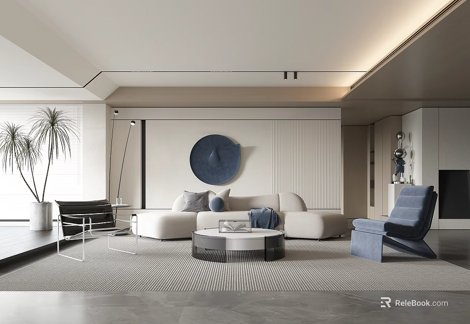Modern Living Room Interior With Light Sofa Coffee Table Round Wall Decor And Potted Plant 3d model 