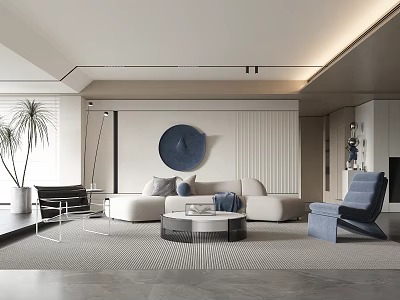 Modern Living Room Interior With Light Sofa Coffee Table Round Wall Decor And Potted Plant 3d model