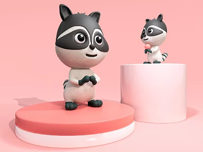 Cute Raccoon Dolls On Pink Base And White Cylindrical Platform With Pink Background 3d model