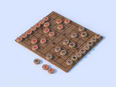 Traditional Chinese Chess Set with Wooden Board and Red Black Pieces for Classic Tabletop Game 3d model