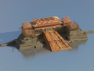 Ancient Architecture Under Construction with Multi Layered Platforms Traditional Roof Scaffolding and Wooden Ramp 3d model