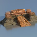 Ancient Architecture Under Construction with Multi Layered Platforms Traditional Roof Scaffolding and Wooden Ramp