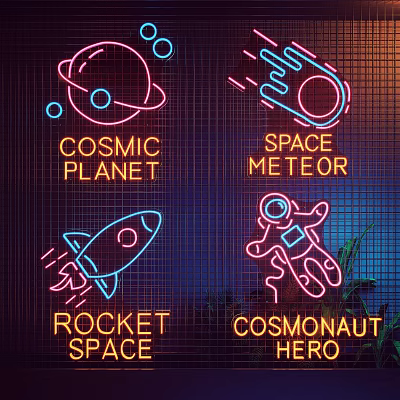 Neon Space Themed Decorative Lights With Cosmic Planet Meteor Rocket Cosmonaut Designs 3d model