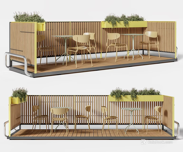 Outdoor Terrace Dining Space With Wooden Structure Tables Chairs And Green Plants 3d model 