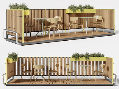 Outdoor Terrace Dining Space With Wooden Structure Tables Chairs And Green Plants 3d model