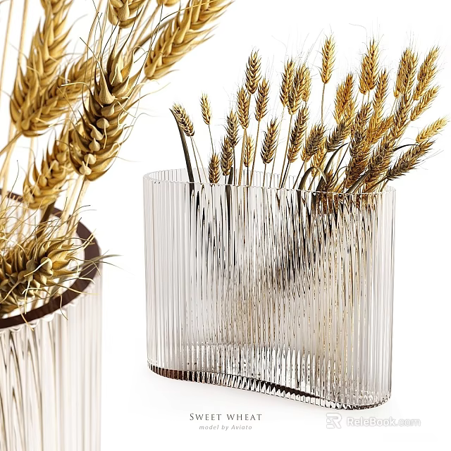 Two Transparent Vertical Striped Glass Vases With Golden Wheat Ears Decoration 3d model 