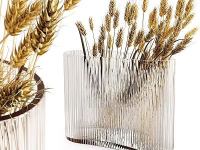 Two Transparent Vertical Striped Glass Vases With Golden Wheat Ears Decoration 3d model