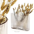 Two Transparent Vertical Striped Glass Vases With Golden Wheat Ears Decoration