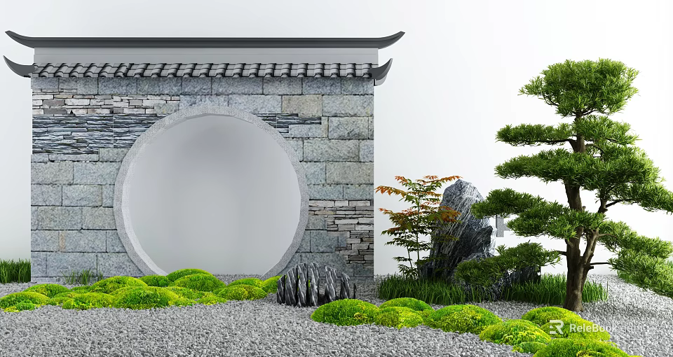 Traditional Chinese Courtyard Garden Featuring Circular Archway Gray Stone Wall Gravel Ground and Green Vegetation 3d model 