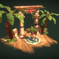Cartoon Scene of Egyptian Style Arch with Columns Palm Trees and Sand Fountain